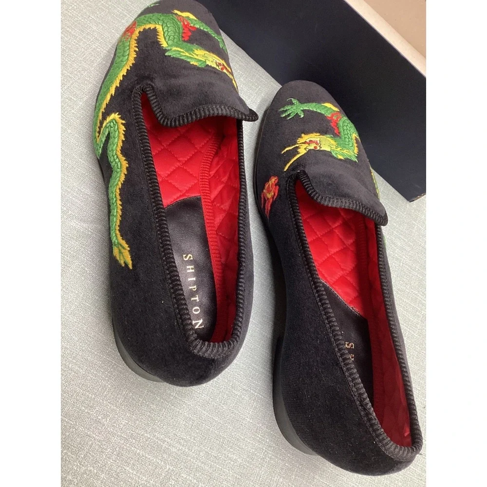 Vintage Shipton & Heneage Dragon Velvet Smoking Slipper Men 9 Embroidered Loafer